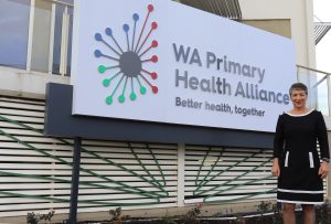 Learne Durrington with the new WA Primary Health Alliance sign