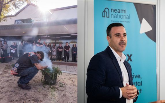 Pictured left Ryan Humphries holding a smoking ceremony. Pictured right James Bell, Director – Safety and Homelessness, Neami National